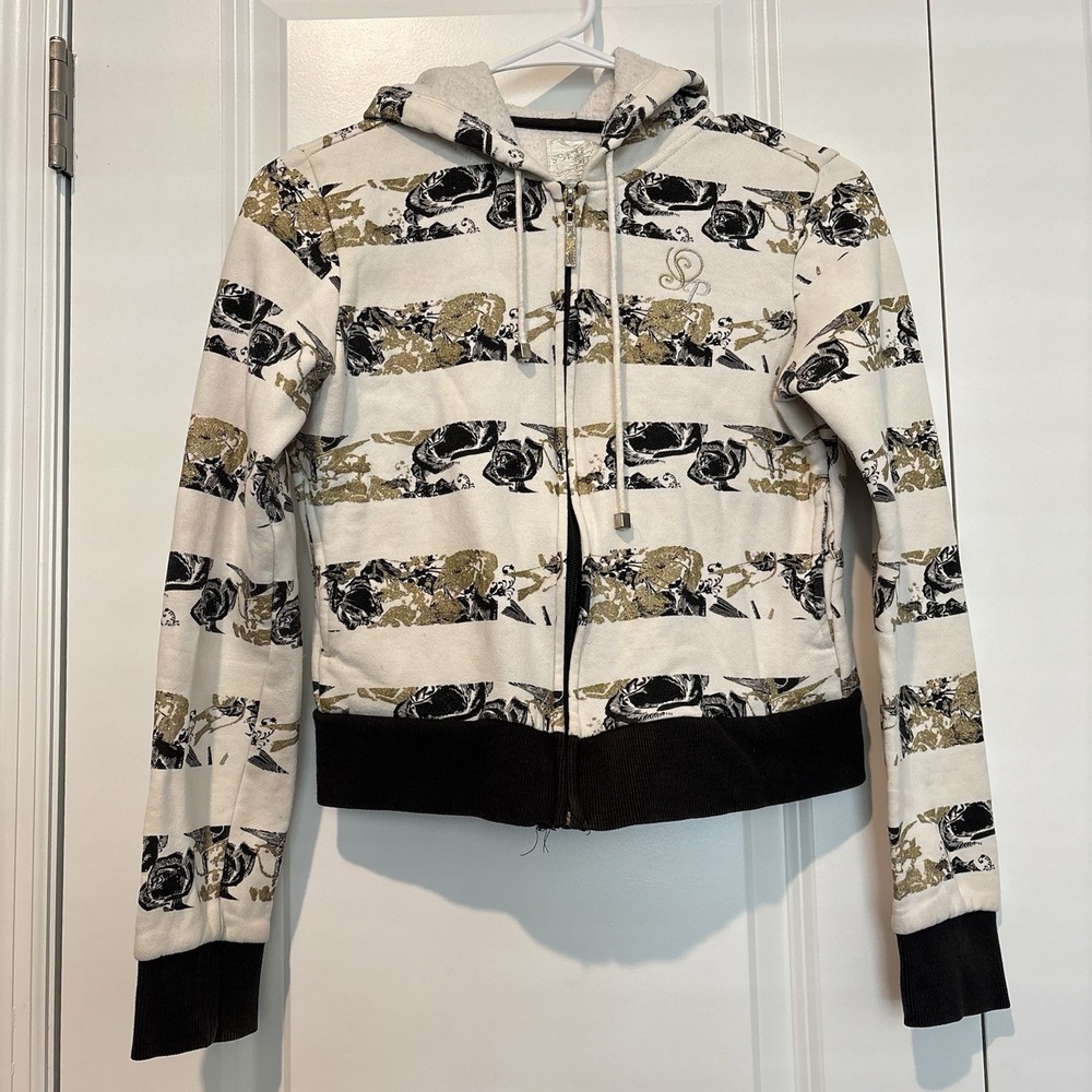 South Pole Zip Up Jacket Youth Small Hoodie Jacket Y2K Skate Black Gold Roses